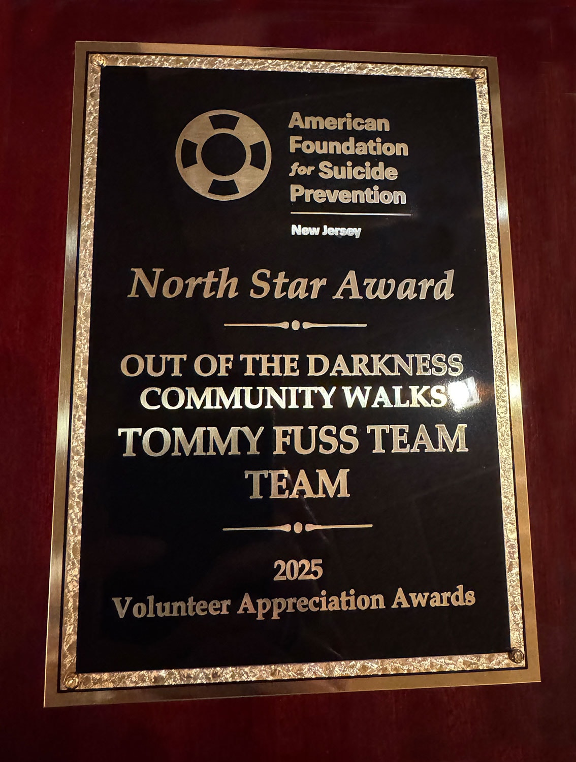 North Star Award plaque from AFSP NJ