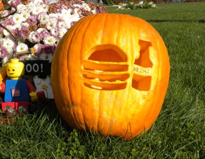 Pumpkin carved with a burger and Heinz bottle, 2006