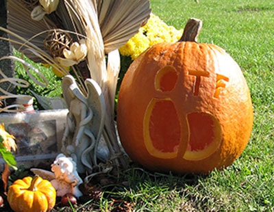Pumpkin carved with a bowling pin design, 2008