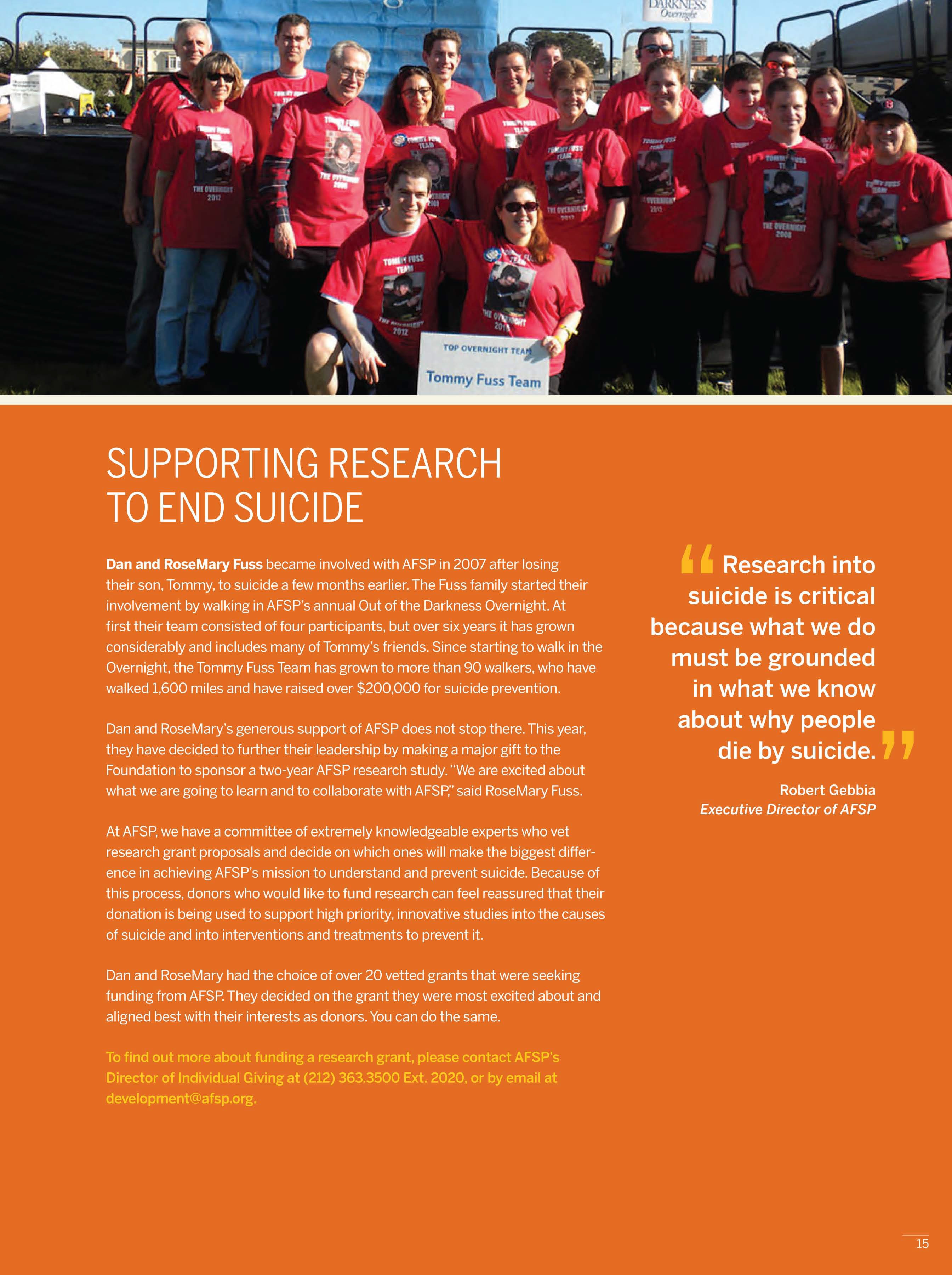 AFSP Philanthropy Report page featuring the Fuss Family major gift