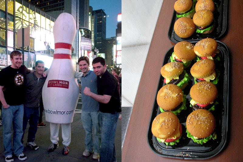 Walkers posing with the Bowlmor Lanes bowling pin mascot in Times Square, and a tray of Tom Burgers