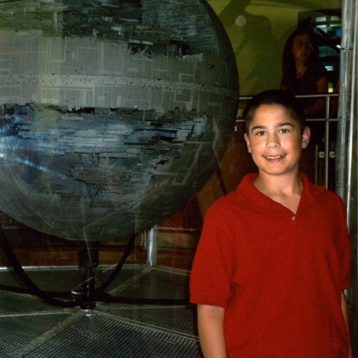 Tommy at the ESPN Zone with the Death Star globe, 2000