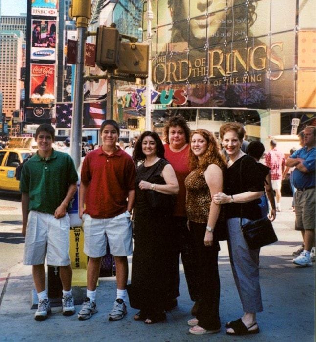 Group in Times Square with the Lord of the Rings billboard, 2001