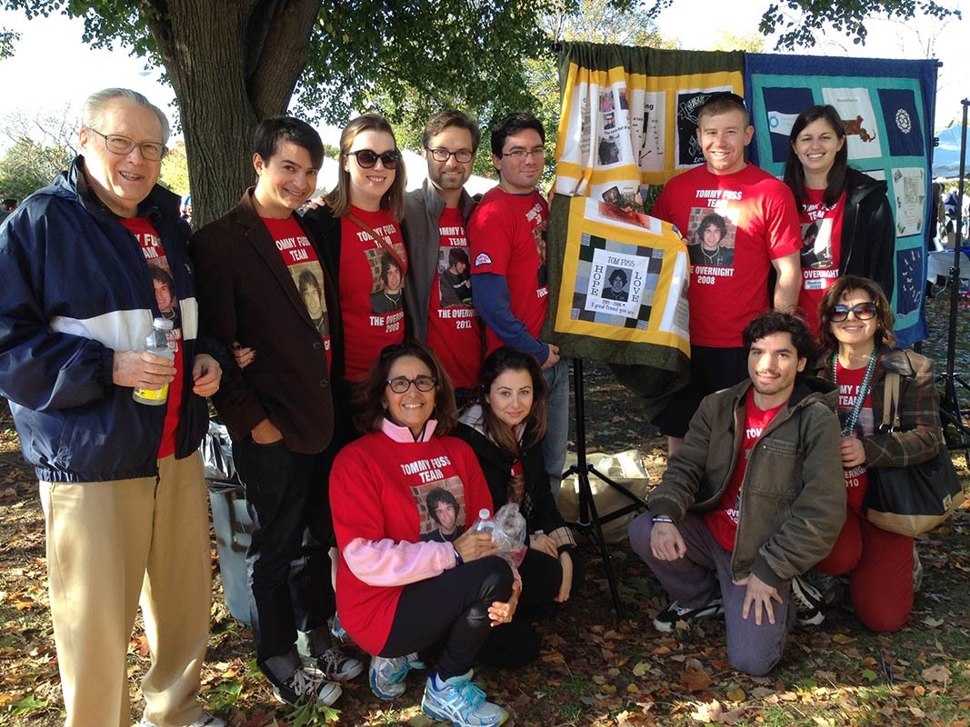 Tommy Fuss Team with quilts at the 2014 AFSP Boston 5K Walk